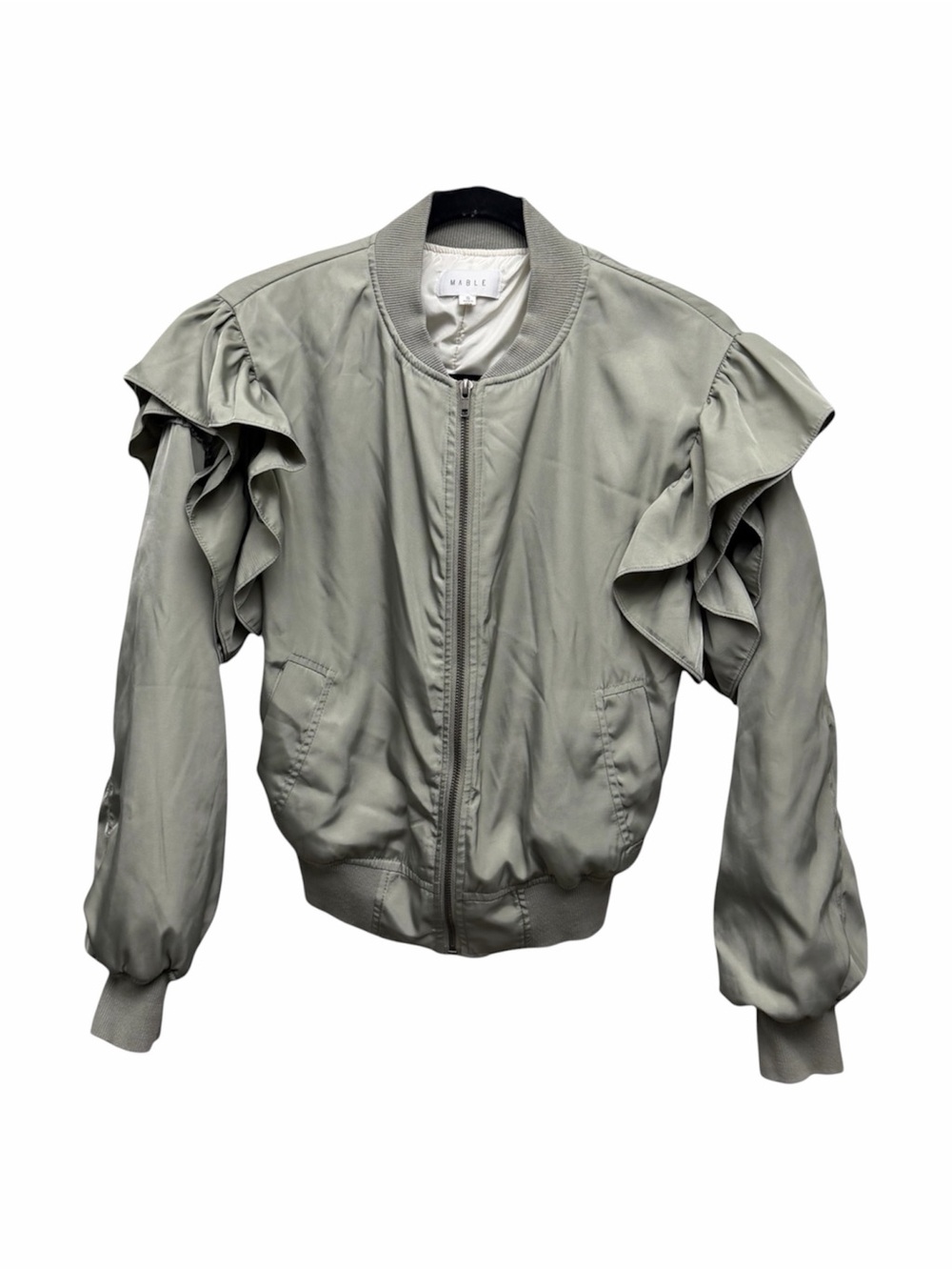 Anthropologie Mable Ruffle-Sleeve Bomber Jacket in Sage Green